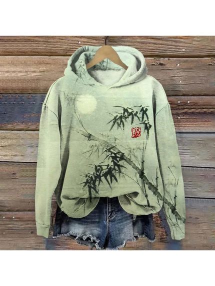 Plus Size, Bamboo Forest Full Moon Night Japanese Art Print Casual Long Sleeve Hoodie
