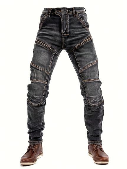 Men's Stretch Slim-Fit Vintage Washed Denim Motorcycle Pants with Zippered Pockets - Mid-Stretch All-Season Comfort, Machine Washable Straight-Leg Design for Casual & Riding, Comfortable Yearround Wear | Durable Fabric