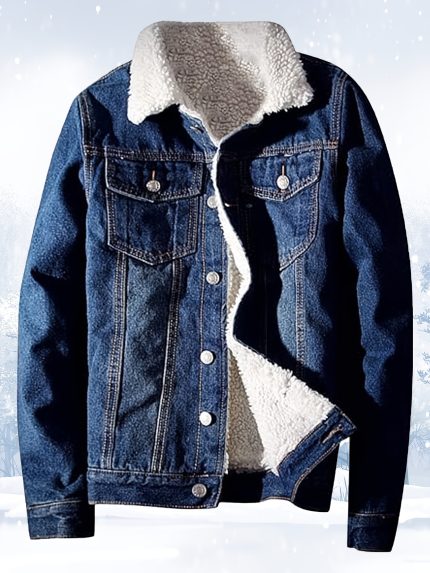Men'S Denim Jacket Winter Warm Lapel Lamb Fleece Lining Coat
