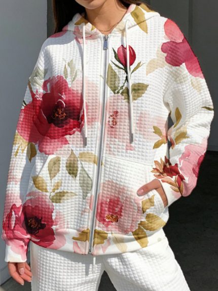 Plus Size, Waffle Hoodie with Zipper Floral Print Hooded Zipper Sweatshirt White Rose And Leaf Pattern Casual Outfit for Women Daily Wear And Leisure 0XL-5XL