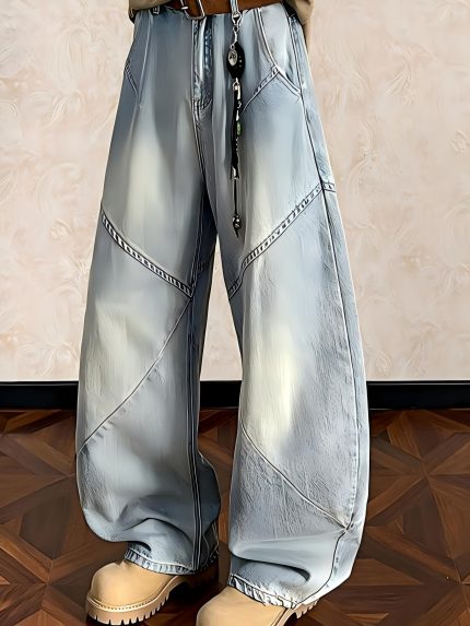 Men'S Trendy Patchwork Washed Curved Blade Jeans | American Style Loose Fit, Mid-rise Button Closure, Retro Casual, All-Season