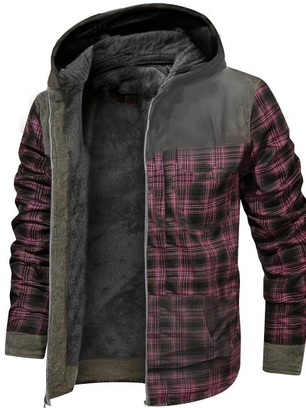 Men's Retro Full-Body Print Hooded Sweatshirt with Zipper Pocket - Plaid, Stripe & 3D Hot Transfer Graphic Hoodie, Machine Washable Winter Streetwear, Grey (Regular Fit, Long Sleeve) for Cold Weather - Designer Brand