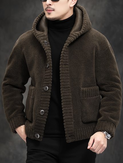 Men'S Reversible Hooded Shearling Coat | Autumn and Winter, Drop Shoulder Design, Solid Color, Versatile Warmth, Casual Style with