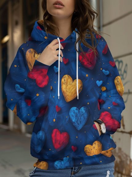 Plus Size - Women'S Oversized Colorful Heart Print Hooded Sweatshirt - with Multicolor Hearts, Soft Stretch, Long Sleeve Pullover with Front Pocket & Adjustable Drawstring Hood, Cozy Fall Winter Casual Sweater for Casual Attire (Machine Washable)