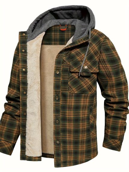 Men's Flannel Winter Thickened Jacket, Flannel-lined Button- Winter Hooded Coat, Winter Casual Warm Coat