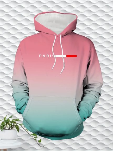 Men's Gradient Pink Green Hooded Sweatshirt- Loose Pullover, Suitable for Spring and Autumn Daily Sports and Casual Wear, Machine Washable Comfortable Knitted Fabric, Outdoor Leisure Wear, Casual Pullover Top, Gradient Color Sweatshirt, Men's