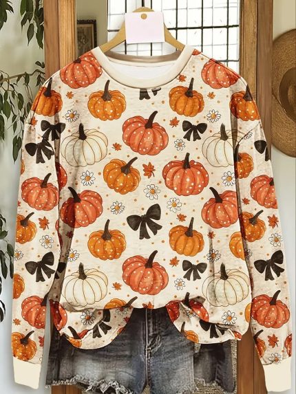 Plus Size - Plus Size Women'S Halloween Pullover Sweatshirt | Oversized Casual Round Neck Long Sleeve with Pumpkin Floral Butterfly Print, Machine Washable Fall Autumn Holiday Party Top