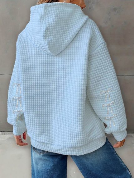 Plus Size, Women's Plus Size Waffle- Hooded Sweatshirt - Oversized Christmas Pullover Sweater with Bow & Bell Print, Drawstring Hood & Pockets - Cozy Winter Sweater for Holiday Parties, Casual Fall Winter Wear (Machine Washable)