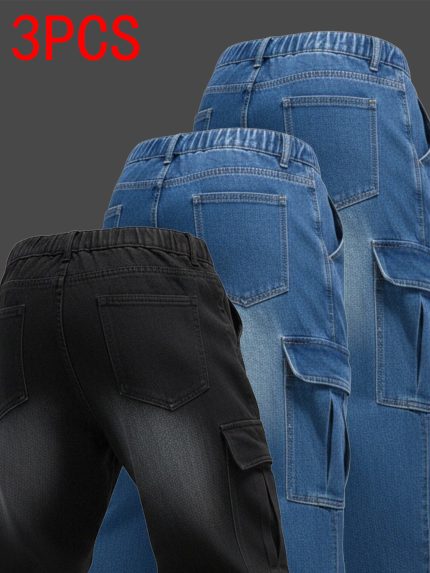 Three-Pack of Heavyweight Washed Workwear Denim Pants for Men, Durable And Wrinkle-Resistant, Vintage-Style Work Jeans, Loose Straight-Leg Denim Trousers, Suitable for Outdoor Hiking And Camping