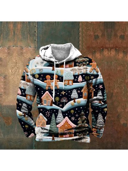 Plus Size - Plus Size 3D Digital Print Couple'S Matching Hooded Sweatshirt - Winter Village Scene with Gingerbread Houses & Snowy Landscape, Unisex Pullover for Men & Women, Cozy Mid-Stretch Fabric, Springu002FFall Casual Wear, Christmas Holiday Sweater