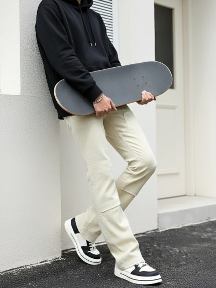 Men's Classic Straight-leg Jeans. The Waistband Is Made of Elastic Corduroy Fabric with A Patch Design. This Is Suitable for Skateboard Enthusiasts. The Entire Pair of Pants Is Made of High-end Corduroy Fabric and Is Suitable for All Seasons.