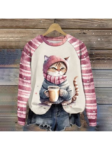 Plus Size - Plus Size, Women'S Pink Cat 3D Digital Print Hoodie - Cute Tabby Cat with Heart-Shaped Face & Pink Ears, Soft Round Neck Long Sleeve Pullover Sweatshirt, Cozy Springu002FFall Casual Wear, European & American Fashion