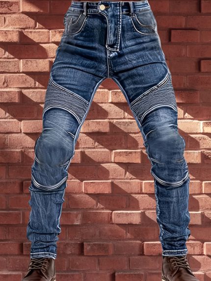 Men'S Slim Fit Stretch Denim Pants | Wrinkled, Solid Color Patchwork, Four-Season Straight Leg Jeans, Casual Style, Medium Stretch Fabric