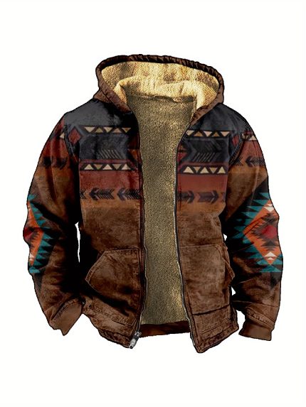 Men'S Autumn And Winter Vintage Ethnic Style Fashionable Bohemian Print Casual Outfit with Fleece-Lined Zip-Up Hoodie