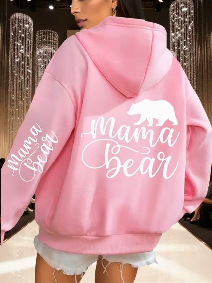 Plus Size, Women's Cozy Fleece Hoodie with Mama Bear Graphic - Long Sleeve, Kangaroo Pocket, Casual Pullover Sweatshirt for FallWinter, Casual Wear Hoodie Playful Design Hoodie Fleece Lined Hoodie